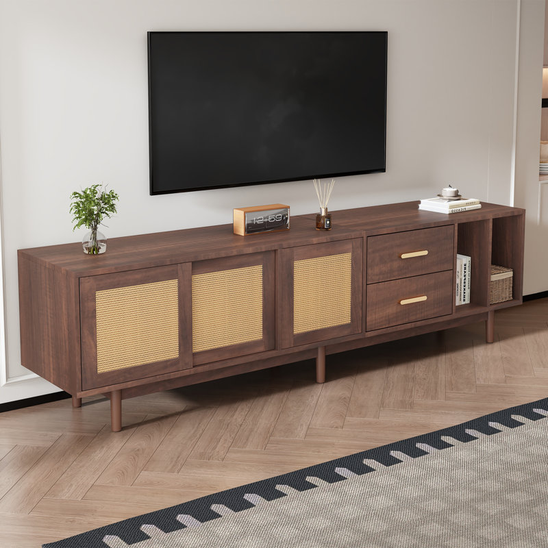 Walnut Rattan TV Unit With Storage Drawers, Wooden Media Cabinet With Woven Rattan Doors