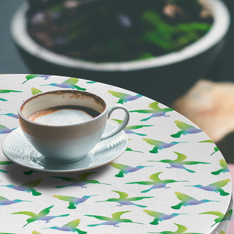 Highland Dunes Hummingbird Fitted Round Tablecloth White Multicolor