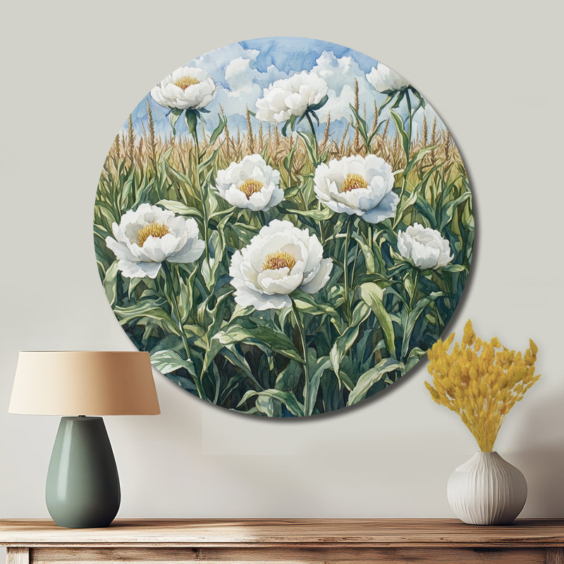 Pivoines d'été dans le champ de maïs II - impression de pivoines sur un cercle en métal, H 23 po x l 23 po