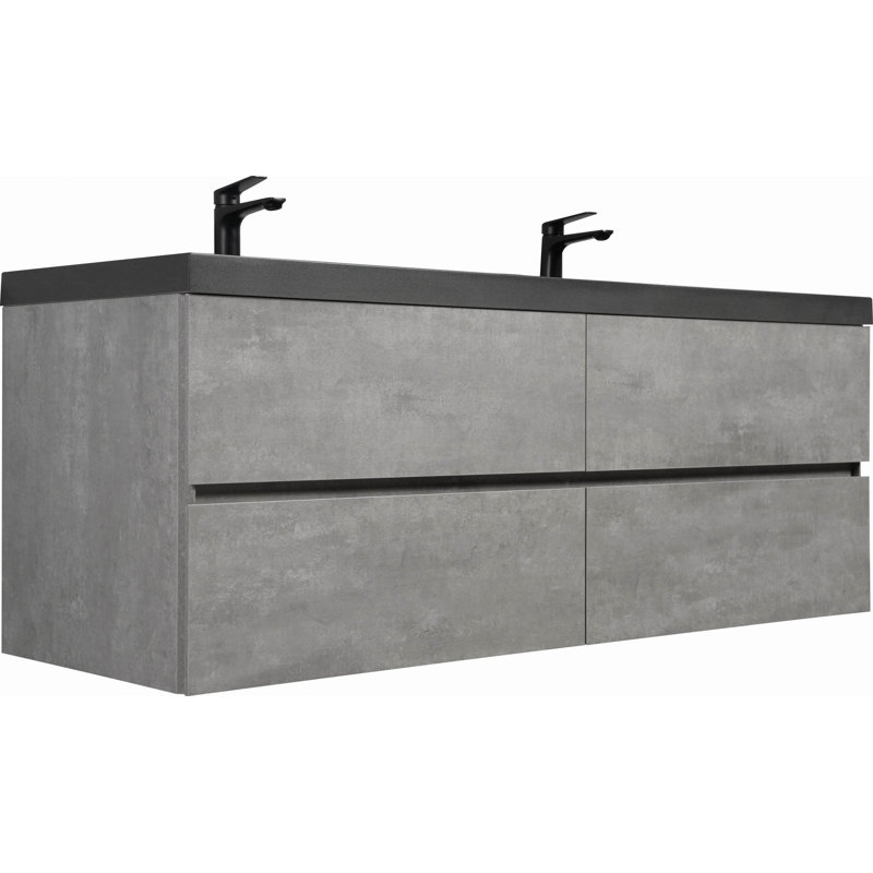Meuble-lavabo mural 60 po avec lavabo mural 60 po, lavabo mural mural et deux tiroirs à fermeture en douceur
