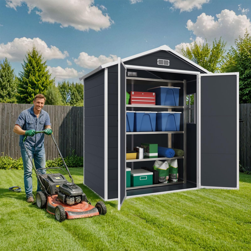iYofe 6x4 FT Large Outdoor Storage Shed, Resin Garden Tool Shed with Floor, Lockable Door, Air Vent, Weather Resistant Backyard Storage House, Quick Assembly