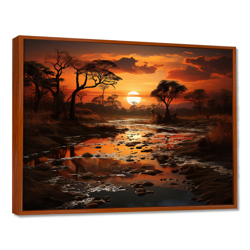 African Sunset Oasis I On Canvas Print, 24" H x 32" W x 1" D, Brown Floater Framed