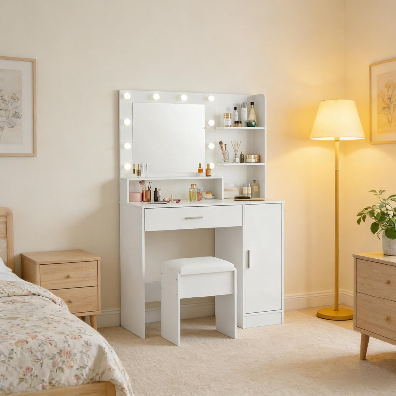 35.4-Inch Vanity with Mirror and Adjustable Lighting for Living Rooms and Apartments, White