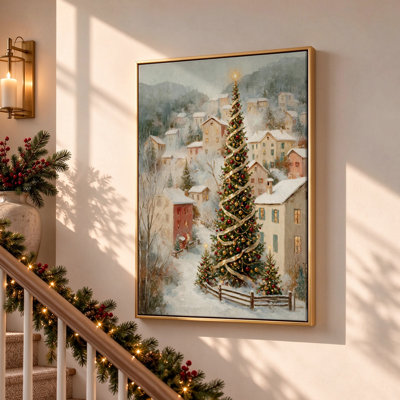 Tableau sur toile représentant un sapin de Noël sur une place de village, avec cadre flottant marron, 91,4 cm (H) x 61 cm (L)