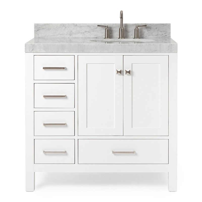 Ariel Cambridge 36 In. Right Offset Vanity With 2 In. Carrara Marble Countertop, White