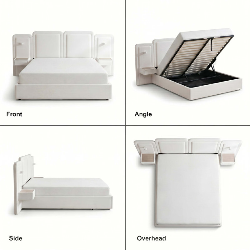 3-Piece Bedroom Set: Queen Velvet Pneumatic Lift Storage Bed with Floating Nightstands & LED Lights, White, Queen