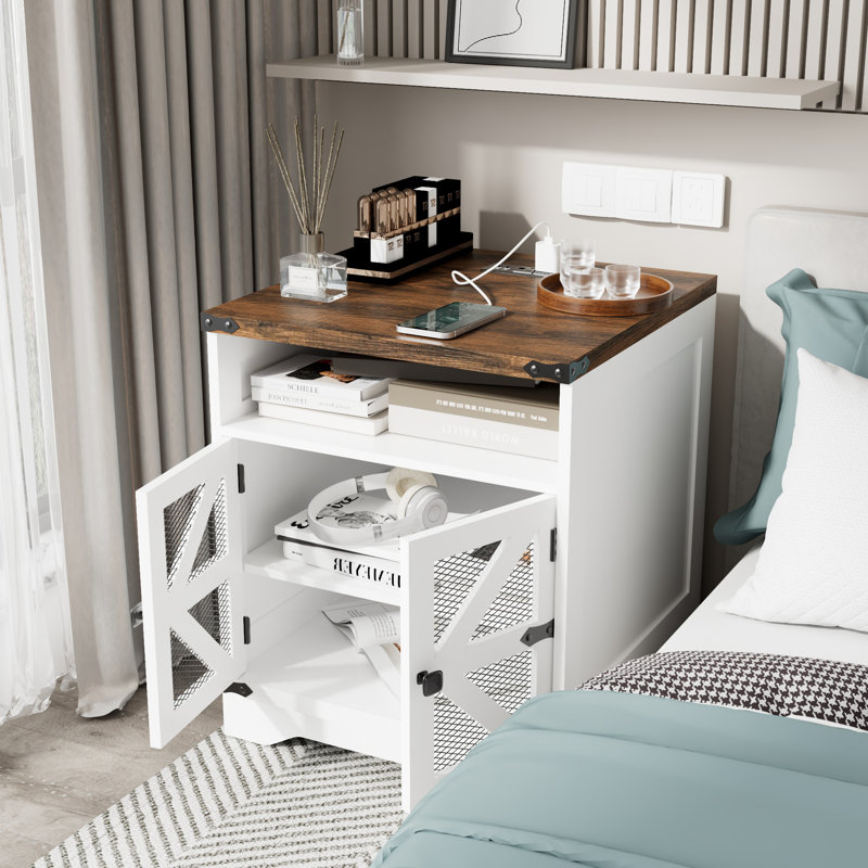  Square Rustic Barn Door Nightstand With Charging Station, 23.8''H X 20''W, Featuring Open Storage & Farmhouse Style Design