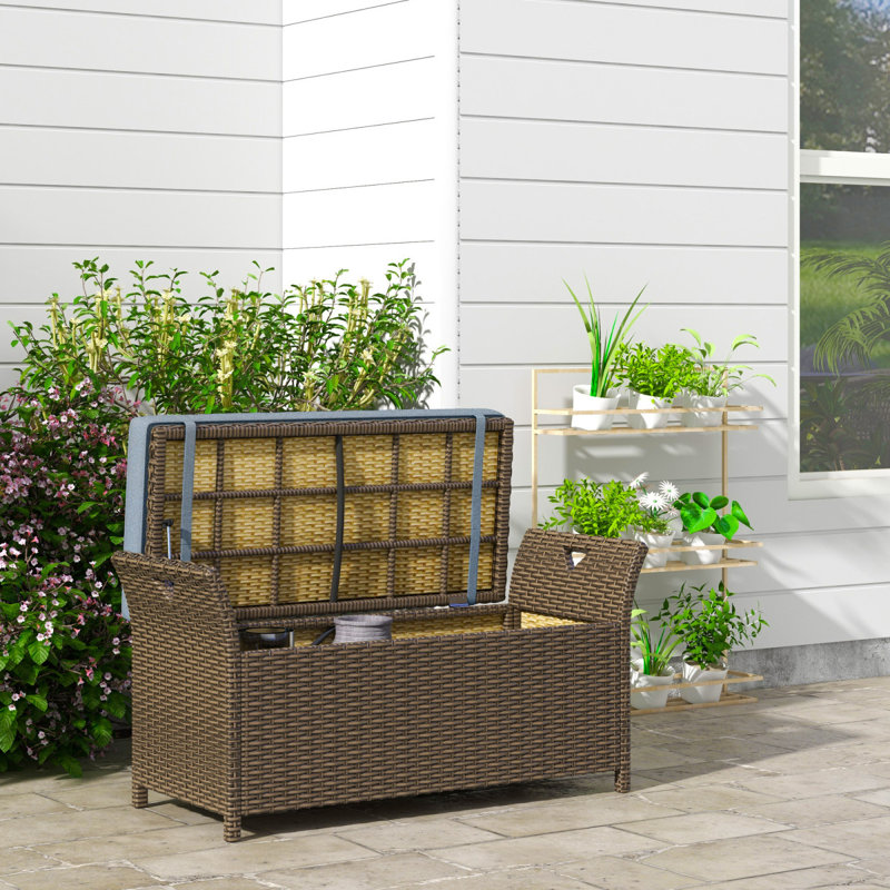 Outsunny 27 Gallon Patio Wicker Storage Bench, Outdoor PE Rattan Patio Furniture, 2-In-1 Large Capacity Rectangle Garden Storage Box With Handles And Cushion, Dark Blue