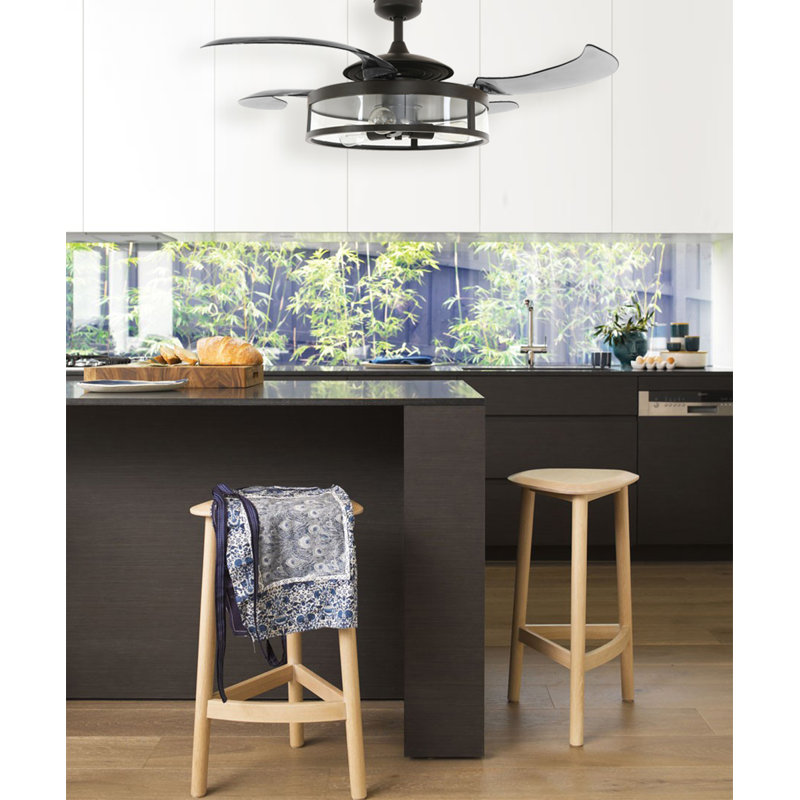 48" Classic 4 - Blade Retractable Blades Ceiling Fan with Remote Control and Light Kit Included, Antique Black