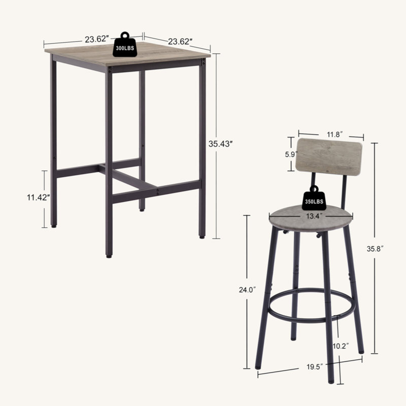 Bar Table Set with 2 Bar stools PU Soft seat with backrest, Light Grey, Grey