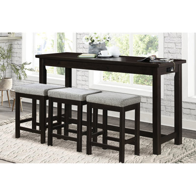 Table de salle à manger 4 pièces, table avec rangement et 3 tabourets, revêtement gris, style décontracté, abris de tiroir en bois, revêtement