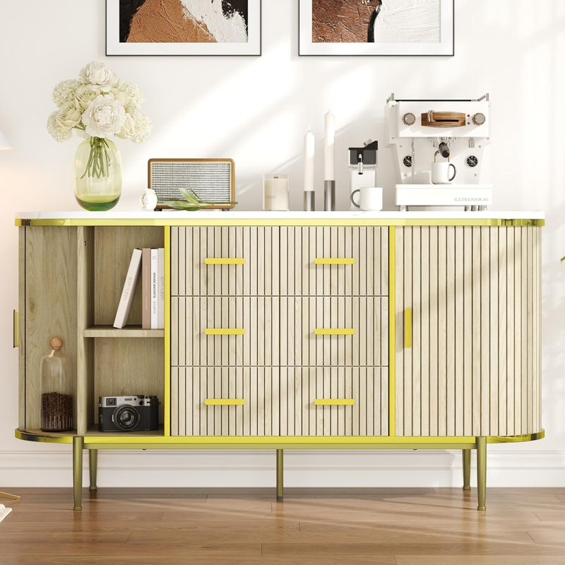 Fluted Sideboard Buffet Cabinet, Kitchen 59in Large Credenza Storage Cabinet Media TV Console Table with 6 Drawers and 2 Sliding Doors for Living Room Entryway