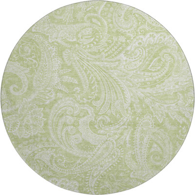 8' Artichoke Green And Ivory Paisley Washable Round Rug With UV Protection