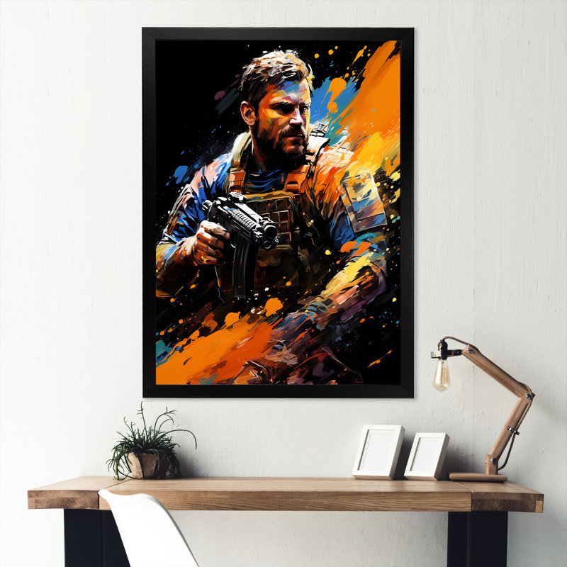 Portrait de soldat - Art mural militaire, Cadre simple noir, H 40 po x l 30 po x P 1,5 po