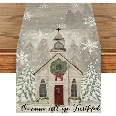 Church Xmas Trees Snowflakes Merry Christmas Table Runner, Seasonal Winter Kitchen Dining Table Decoration For Home Party Decor