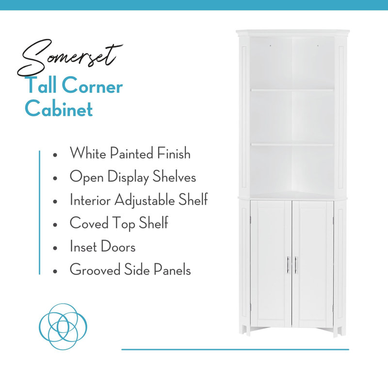 White Tall Corner Storage Cabinet with Adjustable Shelving