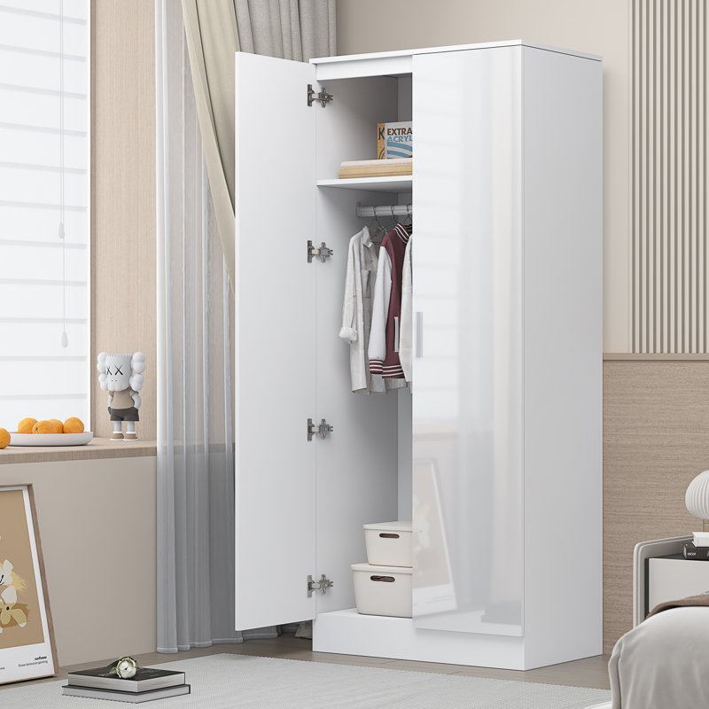 Eva High Gloss 2 Door Plain Wardrobe - H: 180cm x D: 47cm x W: 76cm, Matte White/Gloss White