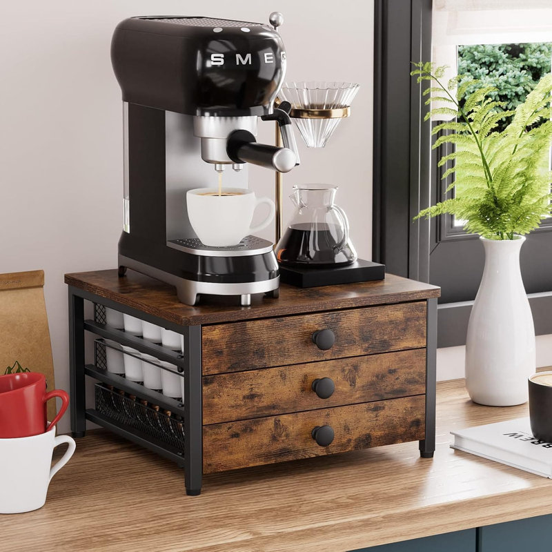 Organisateur de café à 3 niveaux avec tiroirs coulissants, support de rangement de 60 capacités pour comptoir de cuisine et bar à café, fabrication robuste en acier et en panneau de fibres à densité moyenne