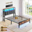 Lit plateforme moderne en bois et métal avec tête de lit rembourrée, éclairage DEL, station de recharge et rangement sous le lit-652386856-652386859