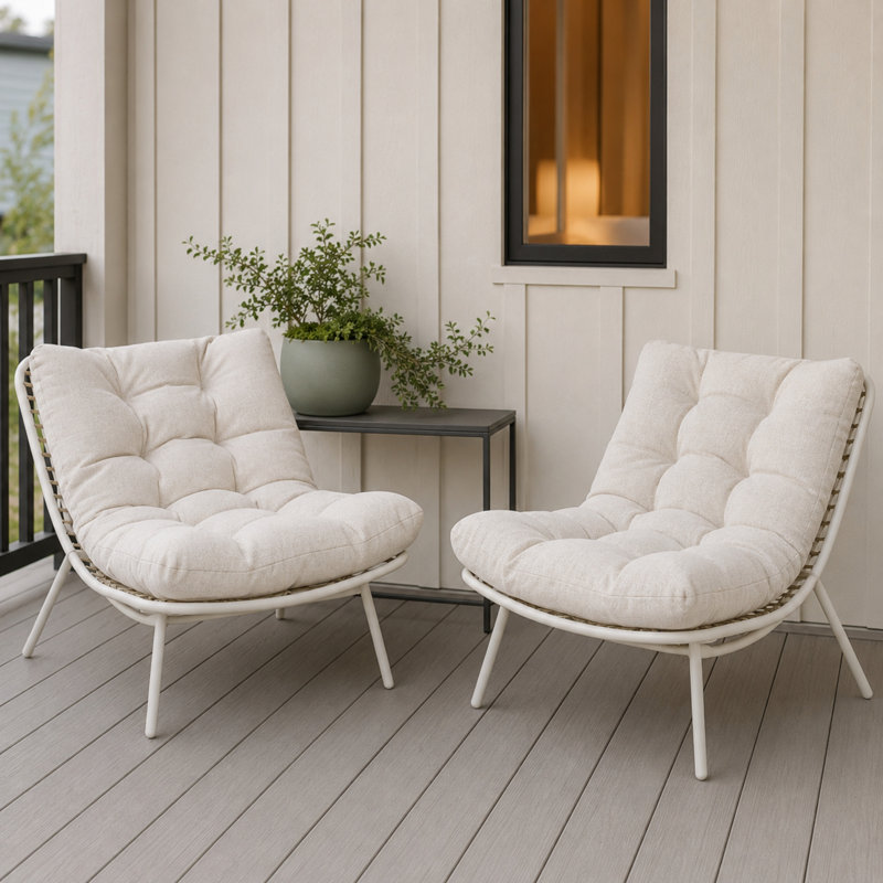 Chaise longue d'extérieur en osier moderne avec coussins, chaise de patio pour la cour, le porche et le balcon (ensemble de 2)