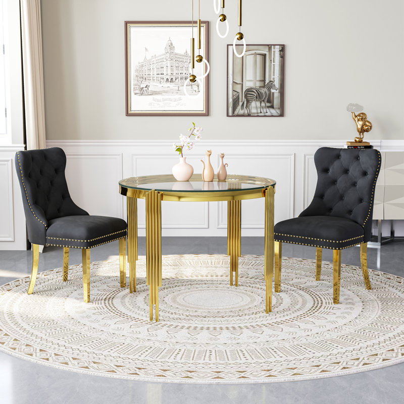 37"Modern Glass Dining Table Set, Irregular Stainless Steel Table Legs And Velvet Tufted Backrest Chairs, Black/Gold