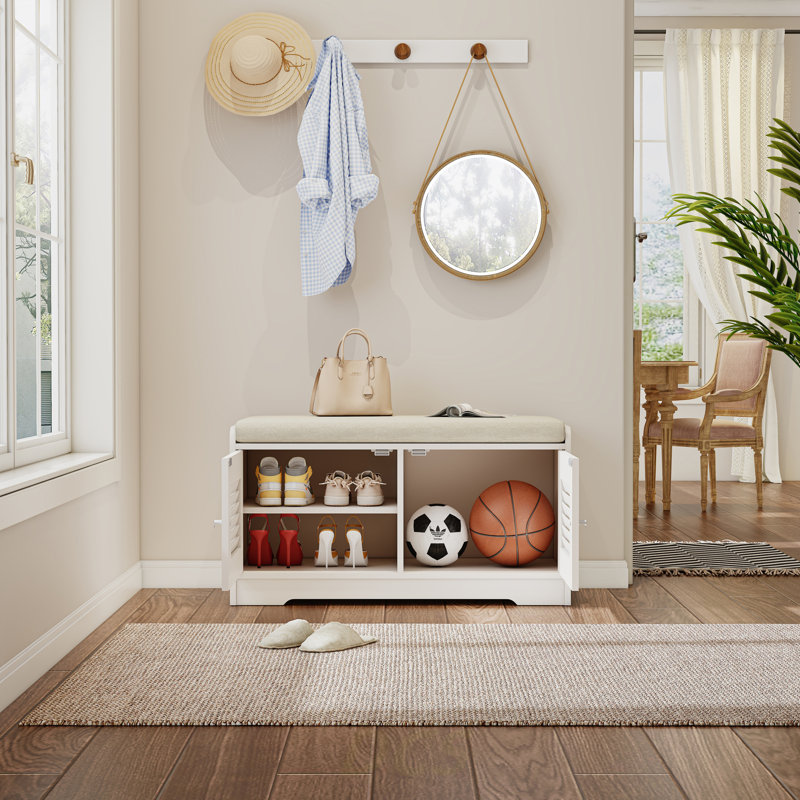 Banc de rangement à chaussures 28,74 po avec armoire à 2 portes, banc d'entrée avec rangement à chaussures blanc, banc à chaussures avec coussin, tablettes réglables, banc à chaussures pour vestibule, couloir, rangement à chaussures