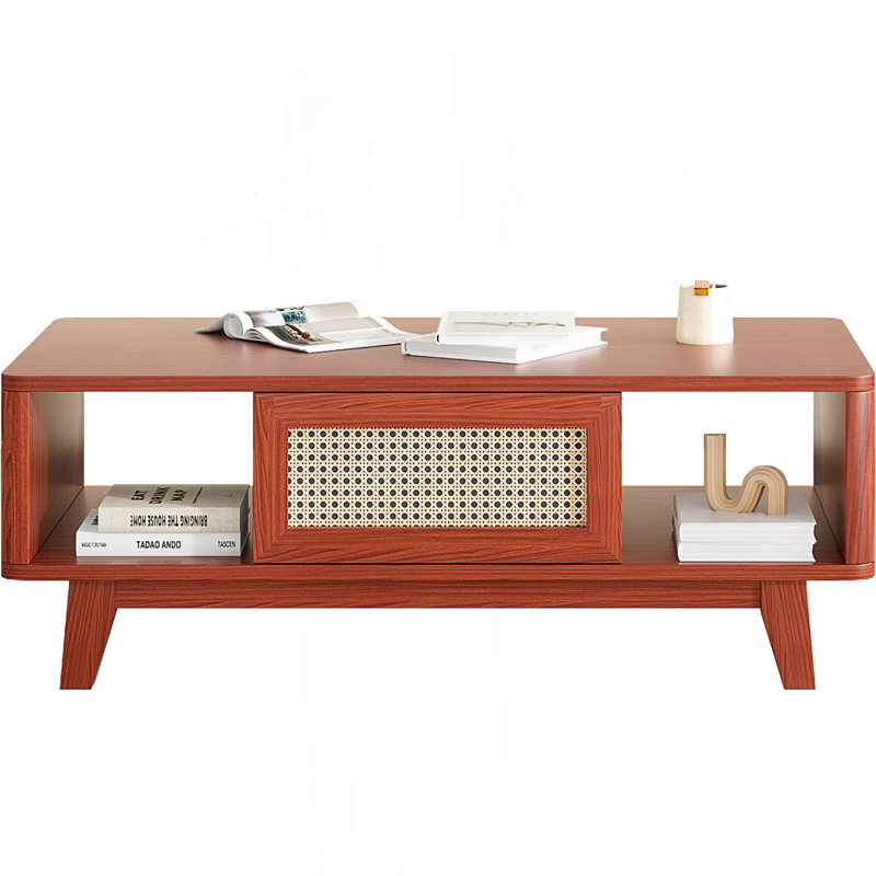 Table basse Mid-Century moderne avec tiroir en rotin, table centrale, Cherry
