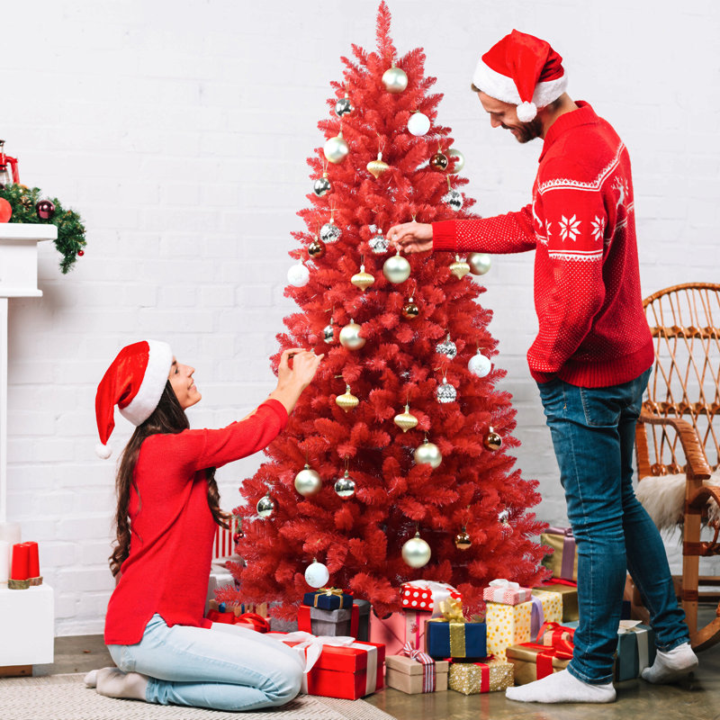 Arbre de Noël rouge - arbre en PVC rouge pur avec pointes, branches articulées pour une installation facile, support en métal stable, décoration audacieuse des Fêtes