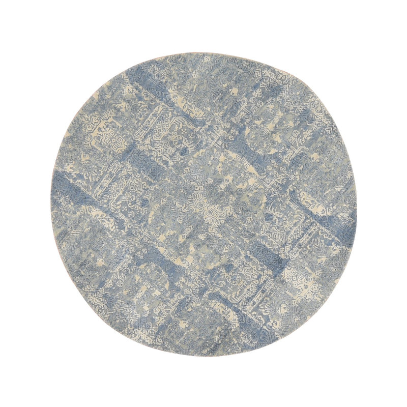 Tapis oriental bleu pierre, laine et soie pure 4 pi x 4 pi, motif de bijoux, noué à la main, rond