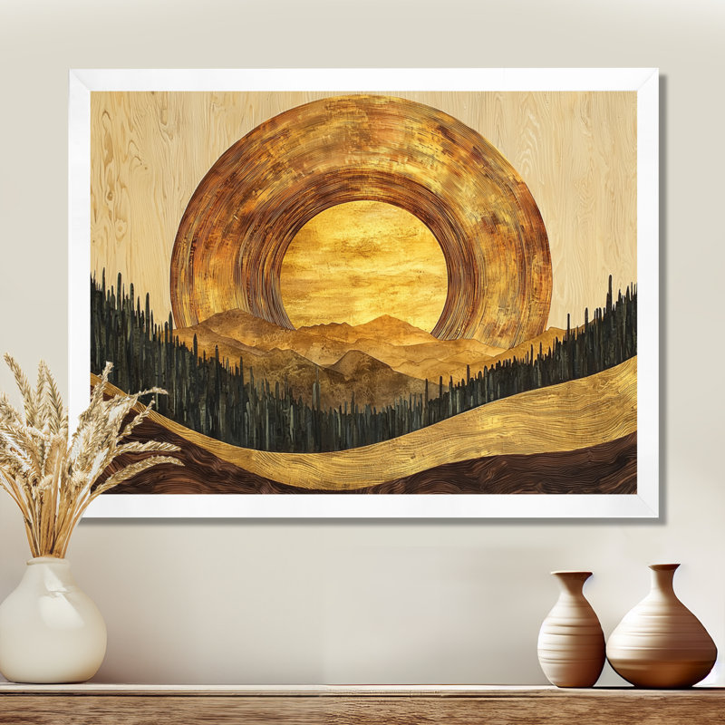 Lune en bois sur fond de forêt dorée audacieuse - forêt, art mural, H 24 po x l 32 po, Cadre simple, Blanc