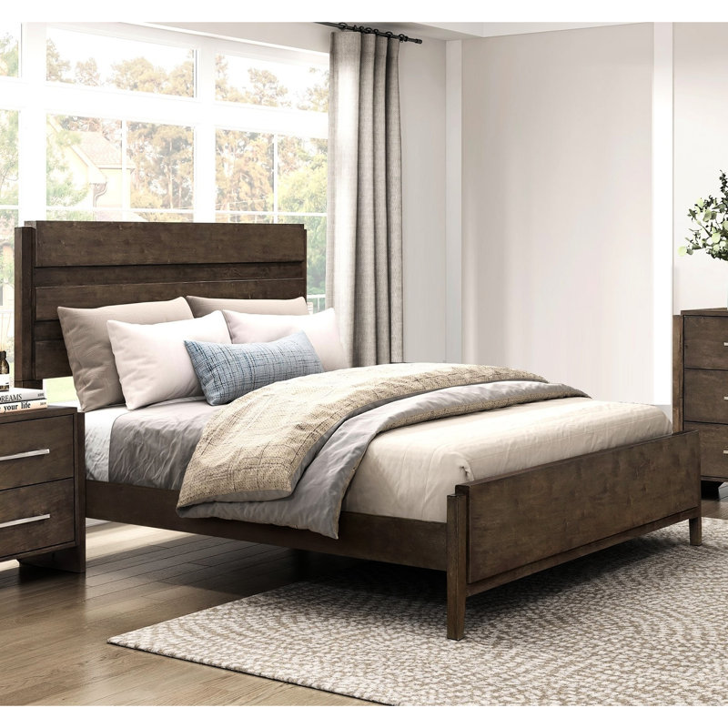 Grand lit classique classique contemporain en noyer foncé - article de chambre à coucher en bois d'hévéa massif 1Pc avec tête de lit unique et rails. Meuble avec sommier requis