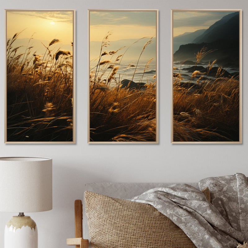 «Coastal Grass By The Beach - Floral Herbs», ensemble d'art mural, H 28 po x l 36 po x P 1 po, Cadre naturel flottant