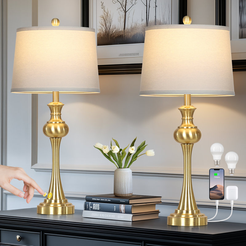 Lampe de table à intensité variable de 28,75 po en métal avec commande tactile et ports USB, ampoule incluse, Or