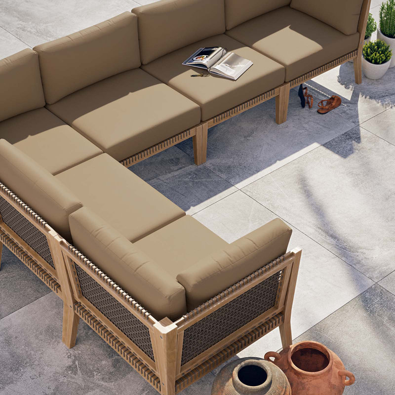 Canapé modulaire d'extérieur en bois de teck 6 pièces Clearwater par Modway, Brun clair