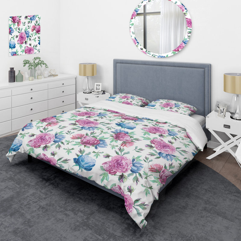 Blue and Pink Roses - Ensemble de housse de couette floral - Polyester microfibre