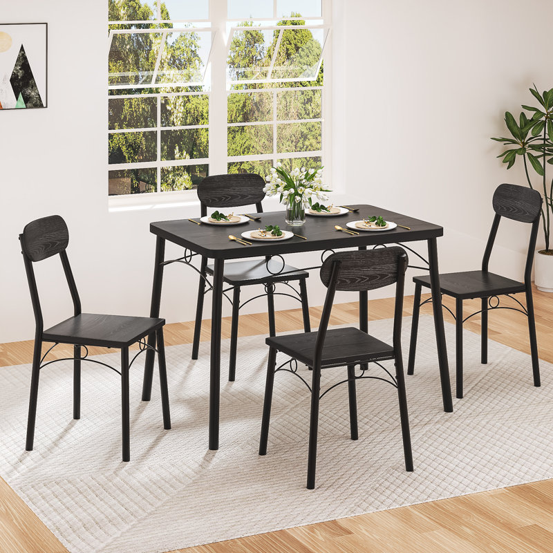 Ensemble de salle à manger 4 personnes Whipton, ensemble de table de salle à manger rustique 5 pièces pour 4 personnes, ensemble de table et chaises de cuisine industrielle avec structure en métal, mobilier de salle à manger peu encombrant (ensemble de 5)
