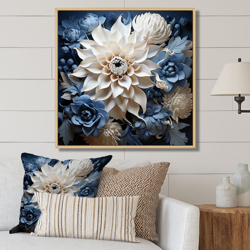 «Dahlia Symphony III», art mural blanc et bleu, H 36 po x l 36 po x P 1,5 po, Cadre naturel flottant