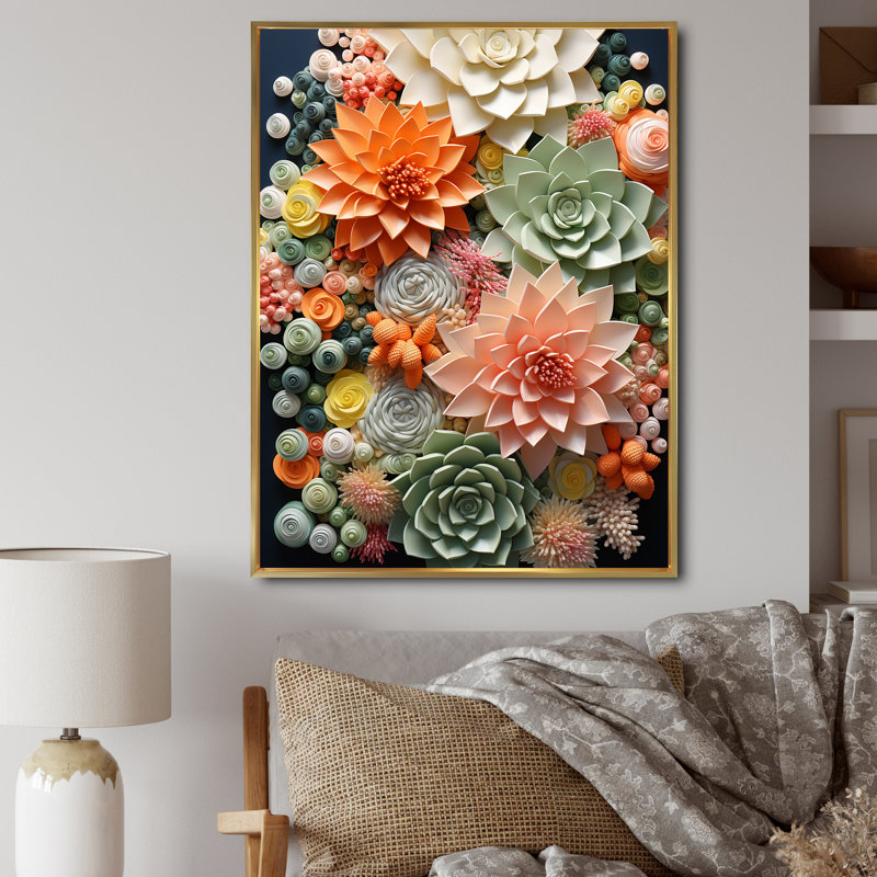«Pyala Orange Pink Succulents Flowers III», reproduction sur toile, H 44 po x l 34 po, Encadrement argenté