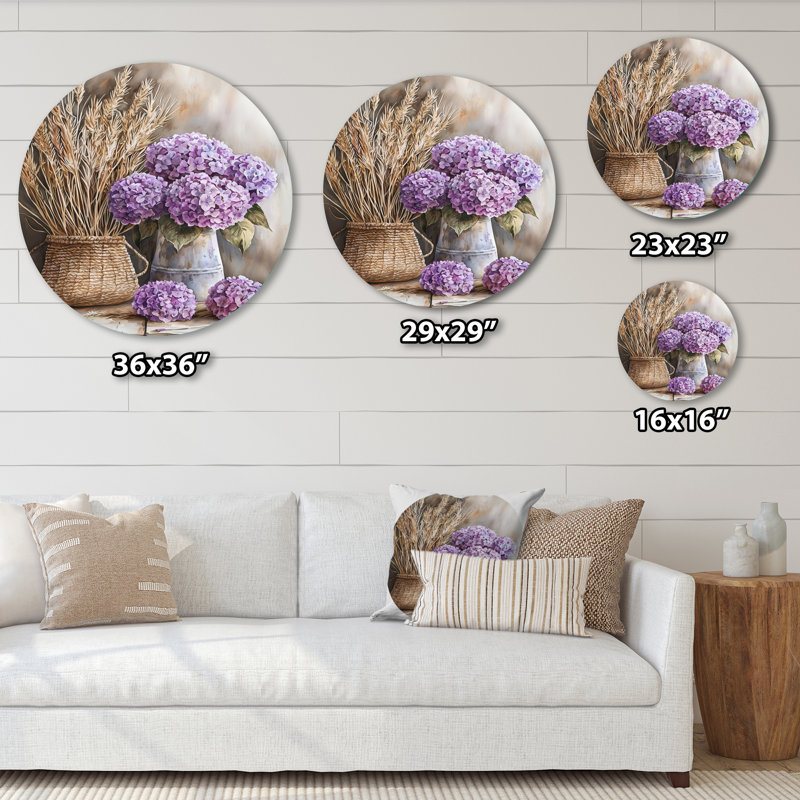 Hydrangeas and Pampas Grass Bouquet II - reproduction d'art traditionnelle mauve en métal, H 16 po x l 16 po