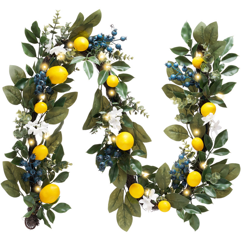Valery Madelyn Summer Lemon Garland for Mantle with Lights, 6FT Spring Fake Fruit Eucalyptus Garland for Stairs, Artificial Thick Faux Greenery Vine for Farmhouse Home Kitchen Table Centerpiece