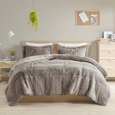 Très grand / très petit édredon à poils longs très grand - gris, doux et 2 taies décoratives assorties