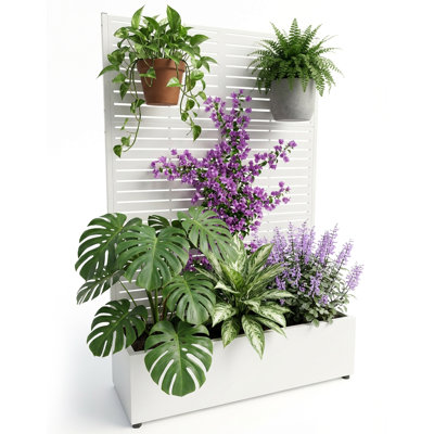 Lit de jardin surélevé en métal 71,5 po x 47 po x 16 po avec treillis, jardinière roulante galvanisée avec trous de drainage, écran d'intimité à grille fine pour plantes grimpantes, blanc, pour balcon de patio