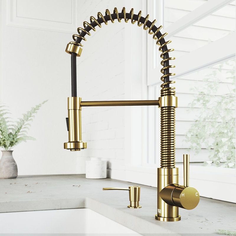 Edison 19" H 1-handle Pull-Down 2-Function Sprayer Kitchen Faucet, With Soap Dispenser, Matte Brushed Gold