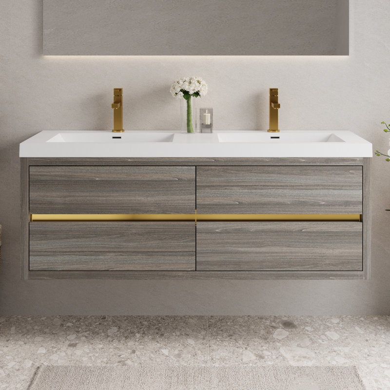 60" Wall-Mounted Bathroom Vanity Floating Double Sink Vanity with Stone Resin Top and Basin, 4 Soft Close Drawers, Gray