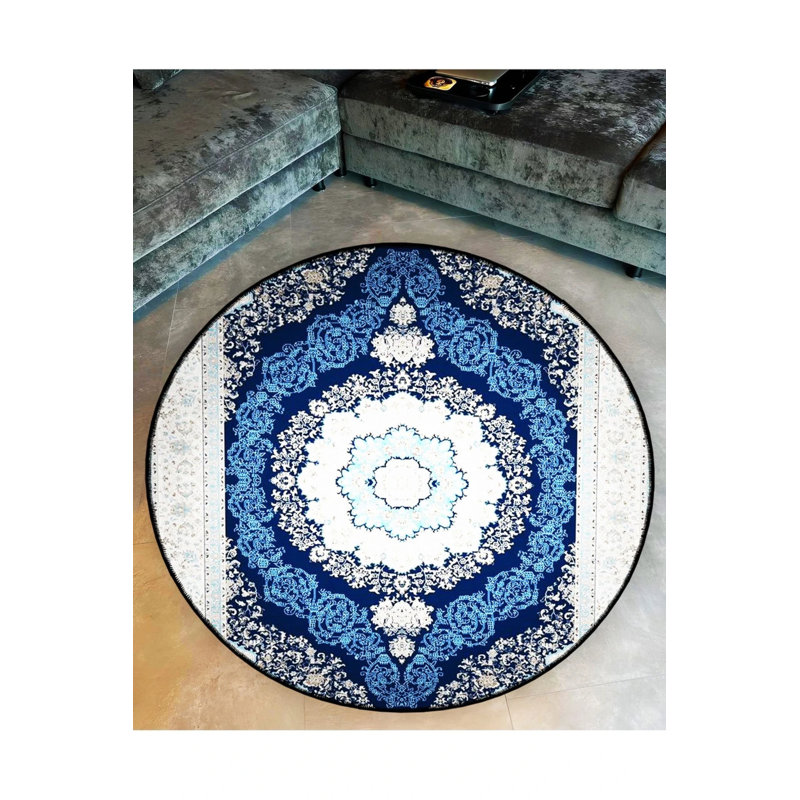 Navy Blue White Ethnic Pattern Detailed Woven Base Modern Decorative Carpet, Round 2'8"
