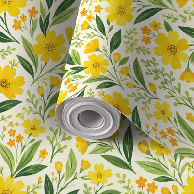 Papier de contact à peler et coller avec papier peint floral jaune Art Nouveau sans soudure, feuilles vertes, auto-adhésif et amovible