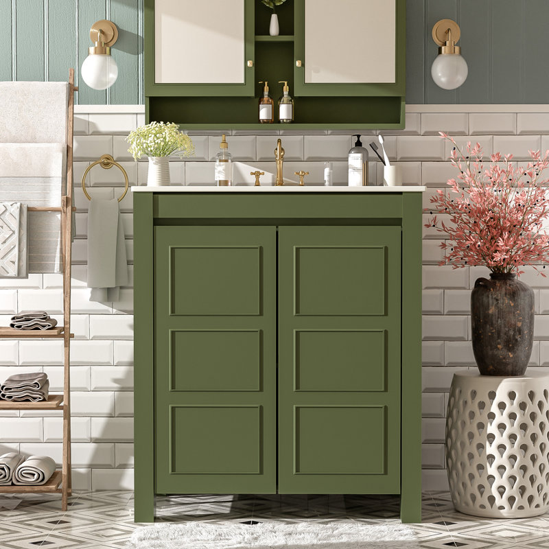 Petit meuble-lavabo vintage vert olive avec lavabo en céramique, portes à fermeture douce et tablette réglable, 30"