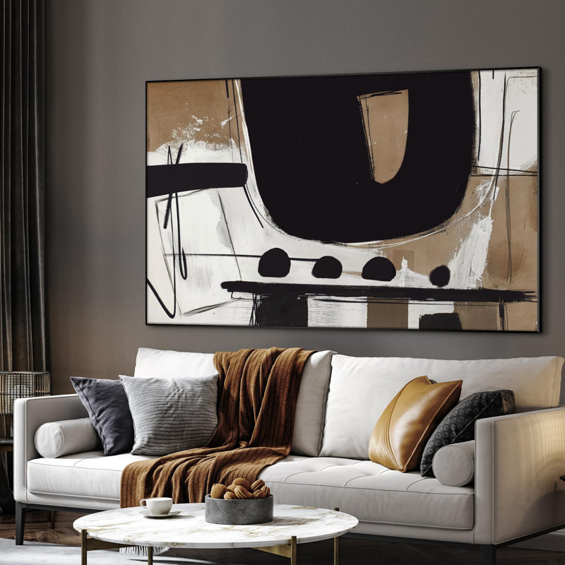Très grande reproduction d'art sur toile - Abstrait expressionniste noir et brun clair moderne et audacieux, œuvre d'art pour le salon ou la chambre à coucher - «Assemblage requis du cadre (cadre non fini)»