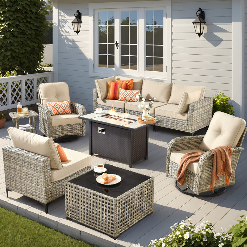 6 Seats High Quality Pe Rattan Outdoor Furniture Sofa With Rocking Chair And Stove, Can Be Freely Combined, Beige
