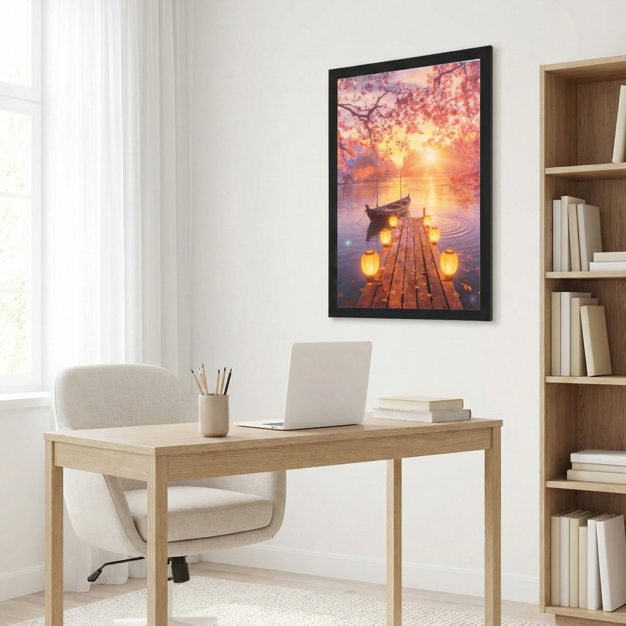 Winston Porter Cherry Blossom Sunset Lake Dock With Lanterns Canvas ...